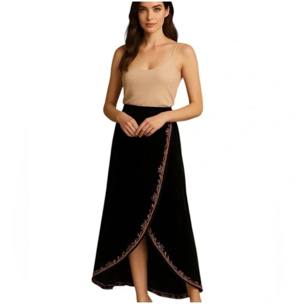 Johnny‎ Was XL Naomi Velvet Wrap Skirt Embroidered Bohemian Festival Party